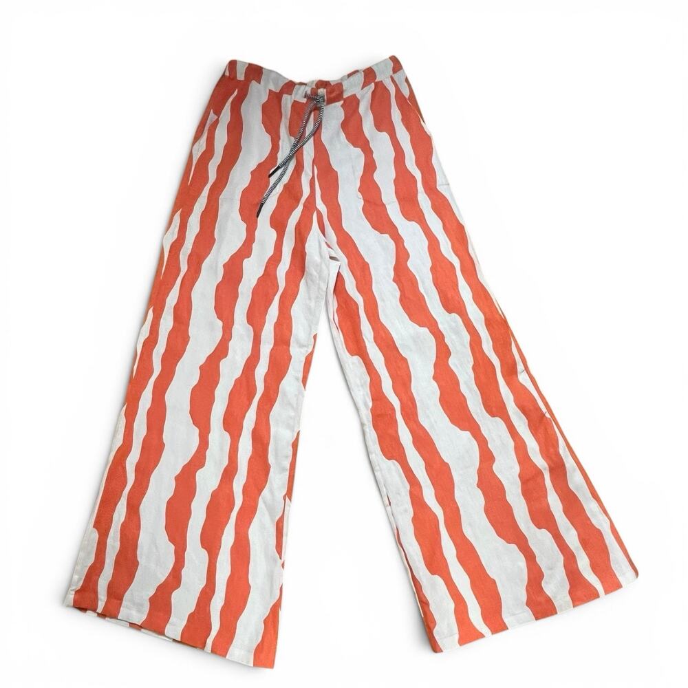 OAS Mojave Linen Wide Leg Trousers Orange Sz XL Calima Stripe High Waist Pants